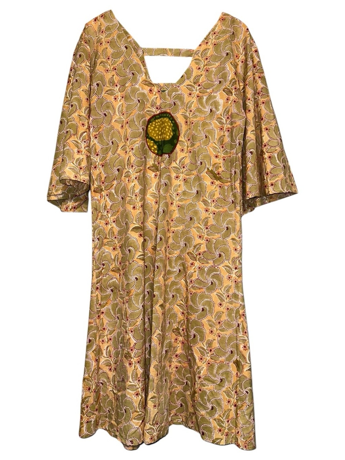 Blu Nomad Nwt Womenâs Size S Tan Yellow Green Patterned Tulip Sleeve Midi Dress